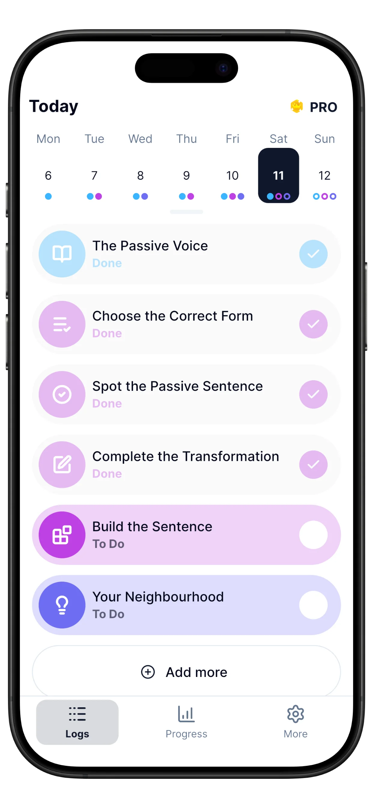 Weekly timeline with personalized lessons, exercises, and progress