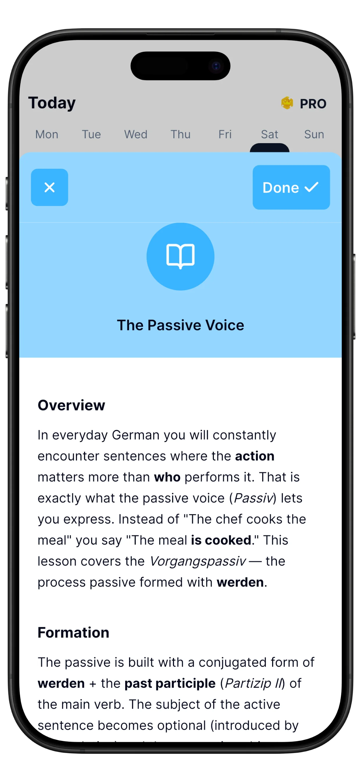 Lesson detail screen from a personalized weekly learning plan