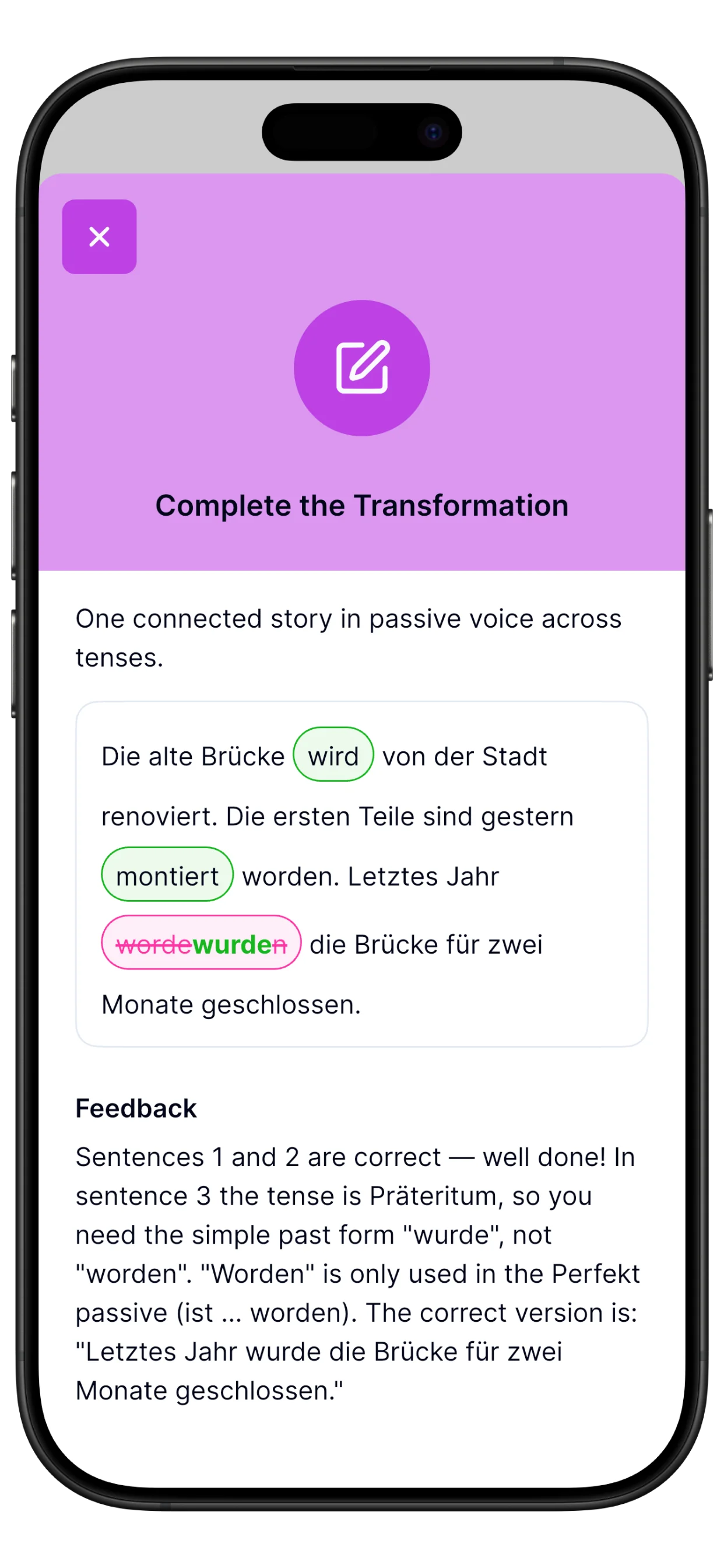 Challenge correction with instant feedback and the corrected answer